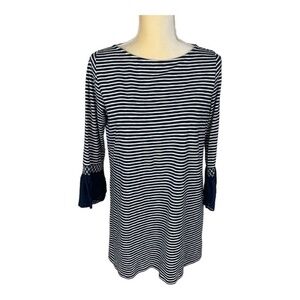 J. Jill Navy Blue White Stripe‎ Nautical Top Long Bell Sleeve Blouse S